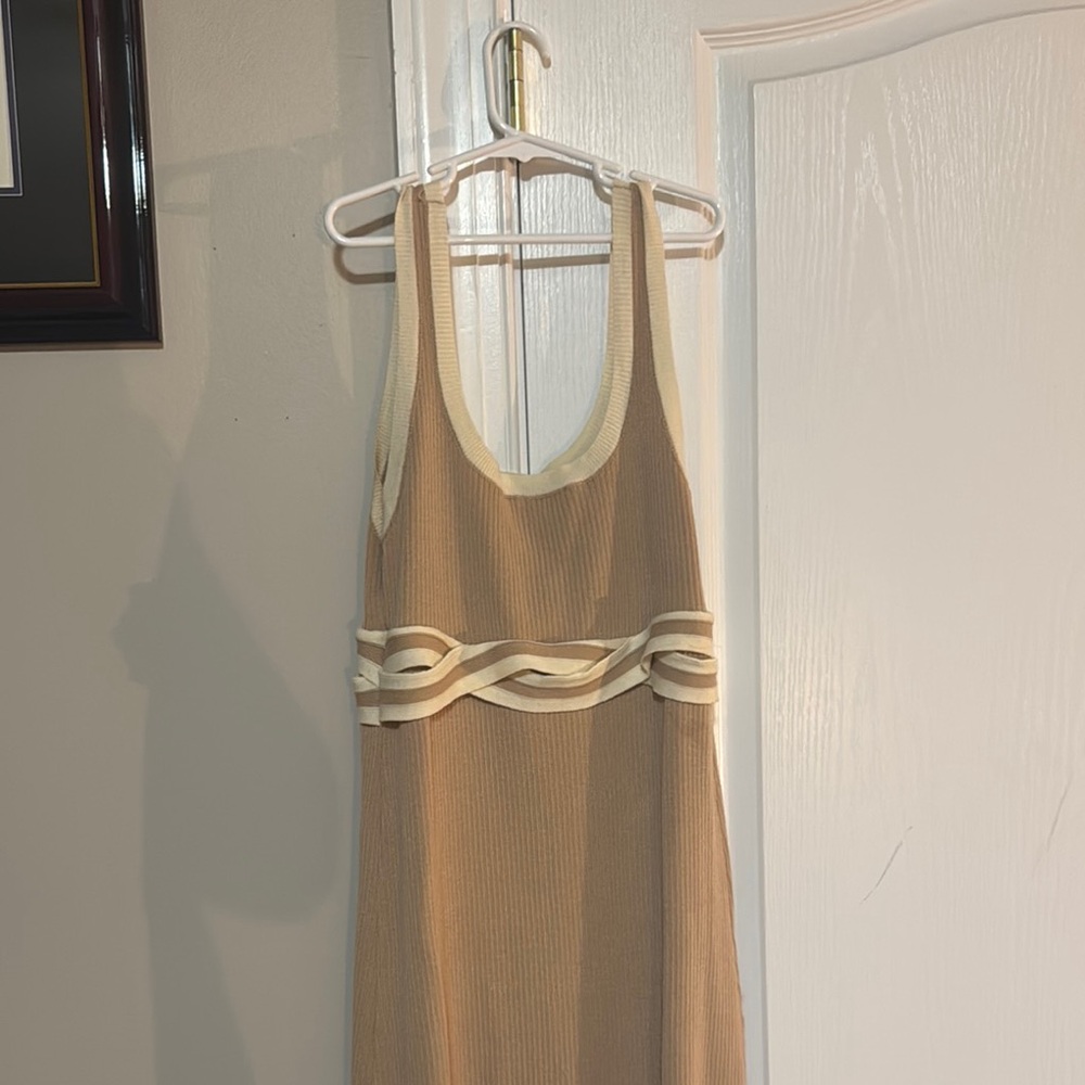 Boutique Tan Sleeveless Dress with Cream Accents